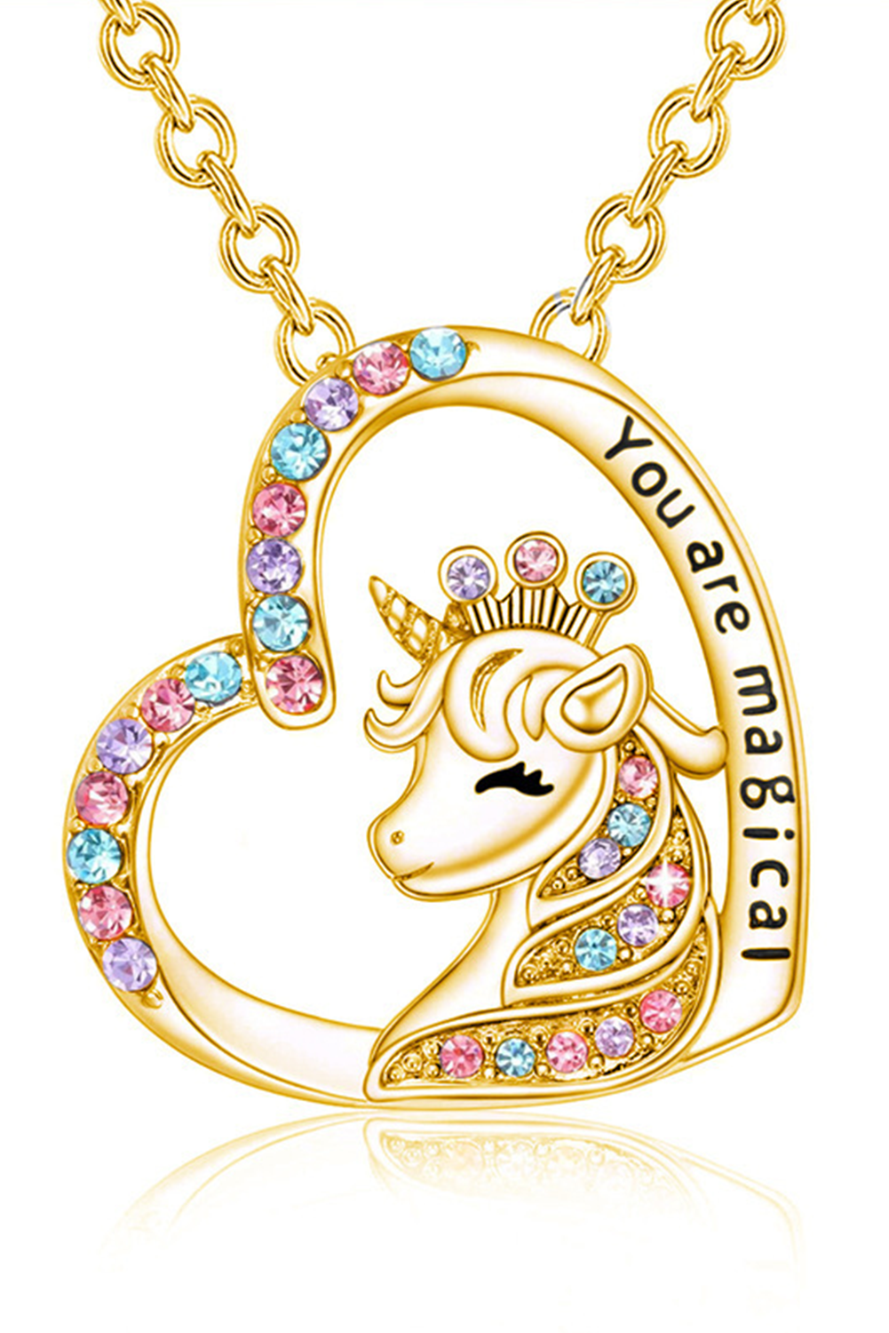 Gold Unicorn Hollow Out Heart Shape Rhinestone Pendant Necklace