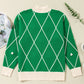 Dark Green Diamond Pattern Pom Accents Contrast Trim High Neck Sweater