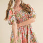 Apricot Pink Floral Smocked Bust Bubble Short Sleeve Maxi Dress