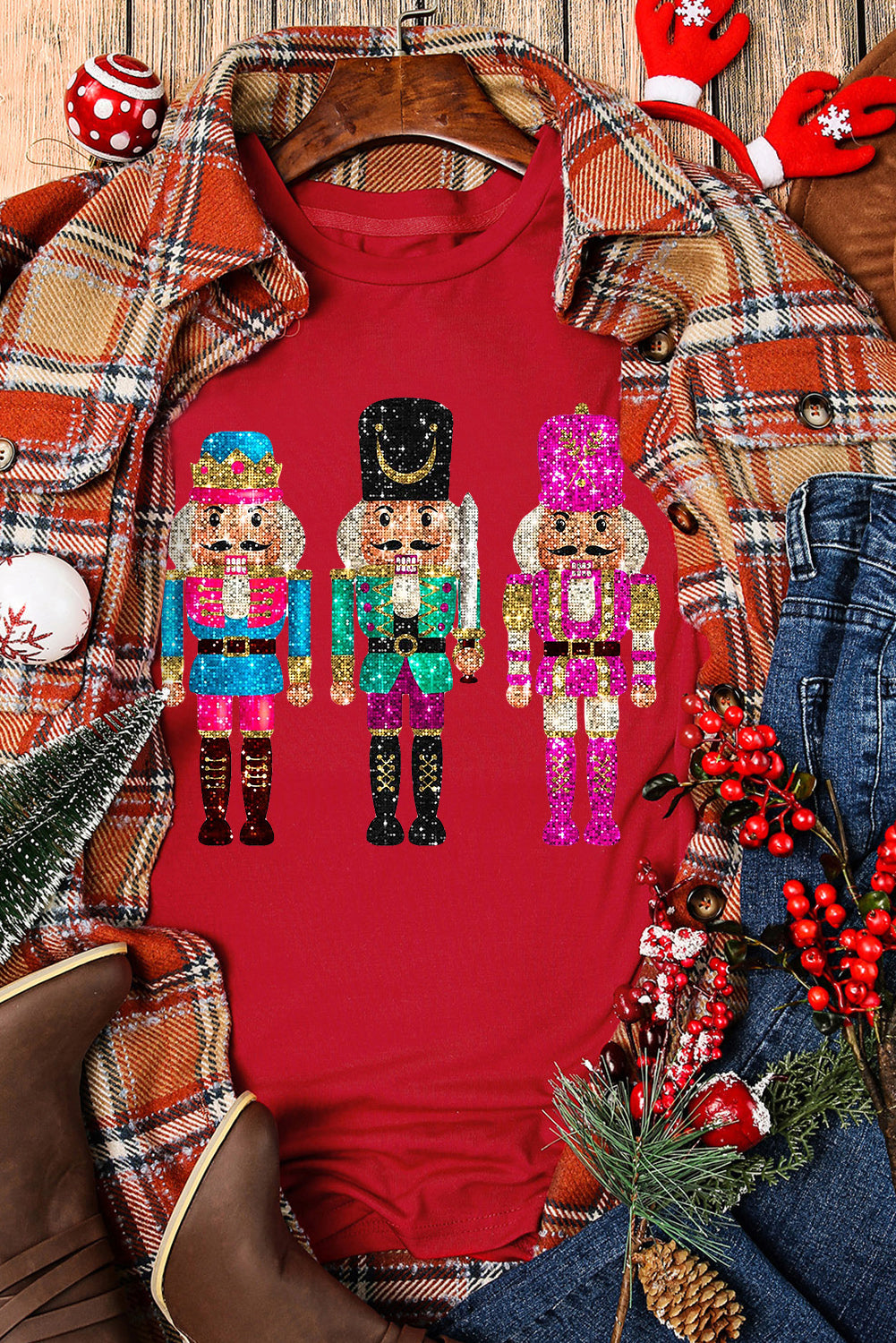 Red Glittering Nutcracker Printed Crewneck T Shirt