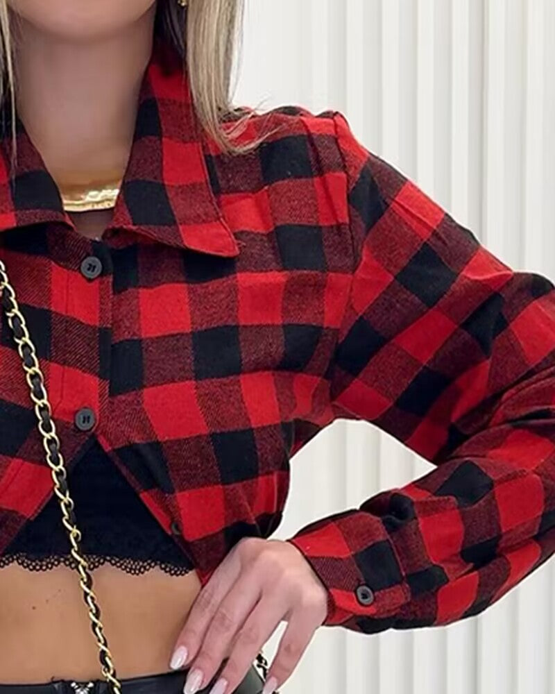 Plaid Print Buttoned Casual Long Sleeve Top