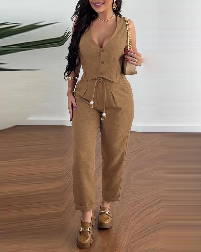 V Neck Buttoned Vest Top & Pocket Design Tied Detail Pants Set