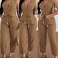 V Neck Buttoned Vest Top & Pocket Design Tied Detail Pants Set