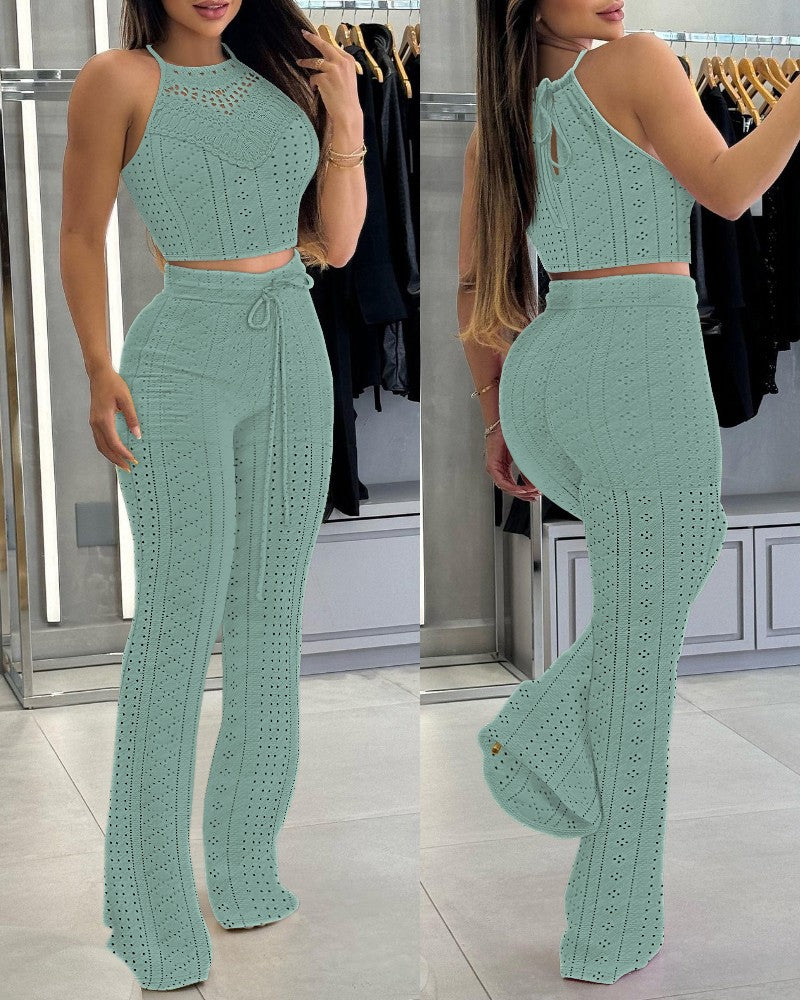 2 Piece Summer Outfit Jacquard Contrast Lace Halter Sleeveless Knit Top and Drawstring Hollow Out Pants Set