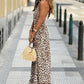 Brown Leopard Printed Halter Neck Backless Ruffled Hem Maxi Dress