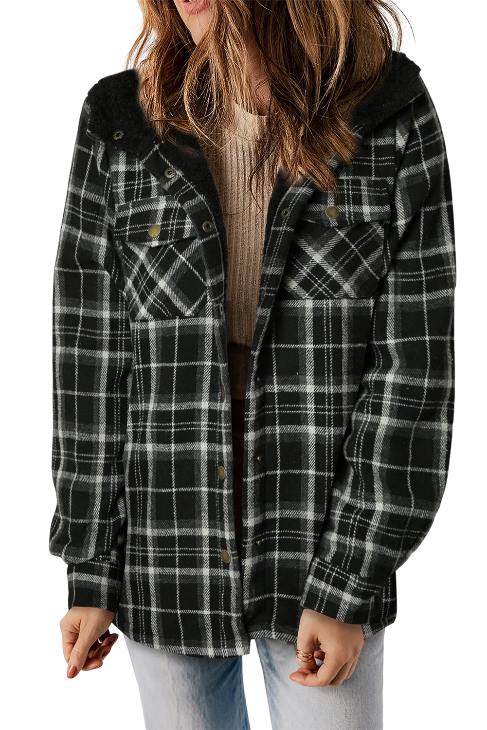 Black Plaid Pattern Sherpa Lined Hooded Shacket