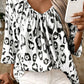 Black Leopard Print Ruched V Neck 3/4 Sleeve Blouse