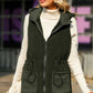 Moss Green Quilted Side Pockets Stand Neck Hooded Plush Tunic Vest