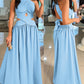 Halter Sleeveless Tied Detail Shirred Criss Cross Flared Dress Glamorous Evening Dress