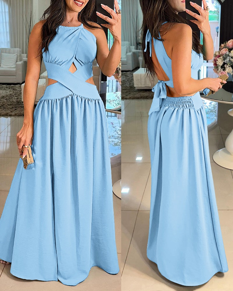 Halter Sleeveless Tied Detail Shirred Criss Cross Flared Dress Glamorous Evening Dress