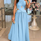 Halter Sleeveless Tied Detail Shirred Criss Cross Flared Dress Glamorous Evening Dress