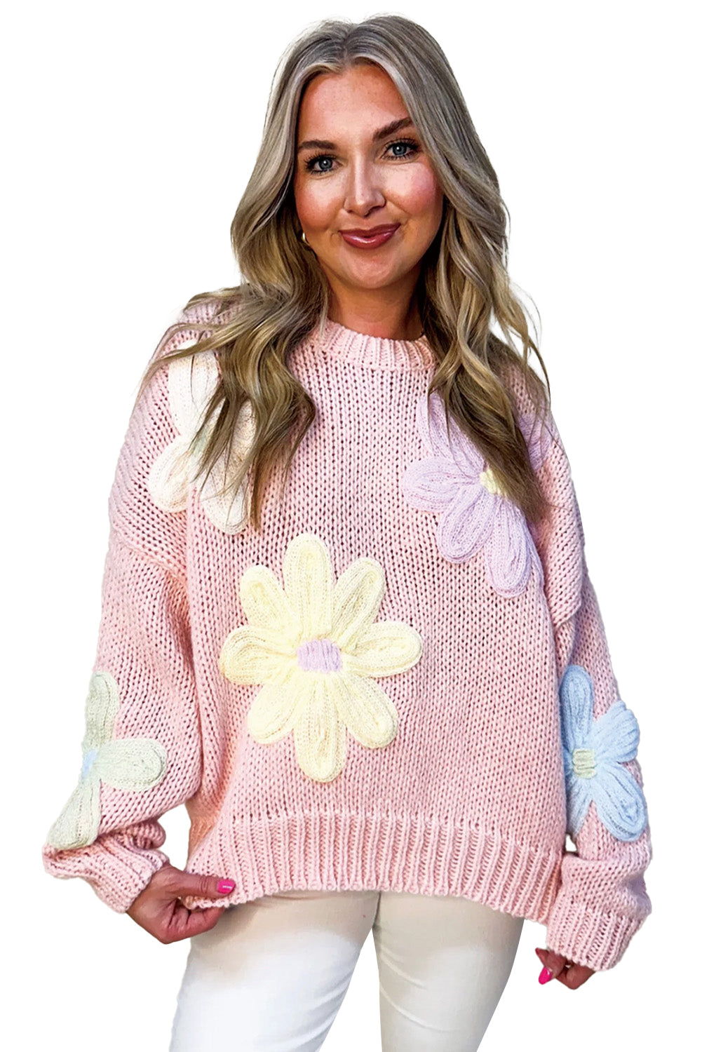 Pink Petals & Threads Embroidered Floral Sweater