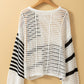 White Stripe Contrast Striped Crochet Puff Sleeve Sweater