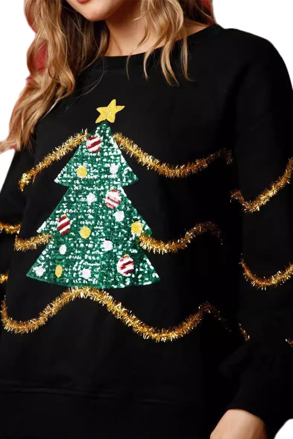 Black Tinsel Trim Glitter Christmas Tree Graphic Sweatshirt