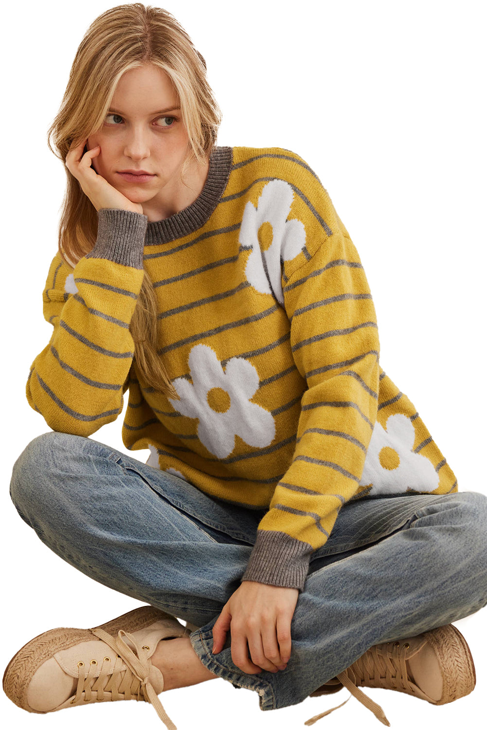 Yellow Stripe Daisy Floral Knitted Round Neck Sweater