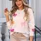 White Valentine Bow Print Crew Neck Drop Shoulder Sweater