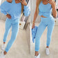 3PCS/Set Ribbed Tank Top & Skinny Pants With Skew Neck Drawstring Hem Top