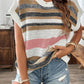 Pink Stripe Color Block Eyelet Knit Short Sleeve Sweater Tee