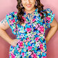 Blue Floral Flutter Sleeve Tied Notched Neck Plus Size Blouse