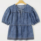 Sail Blue Plus Drawstring V Neck Puff Sleeve Denim Blouse