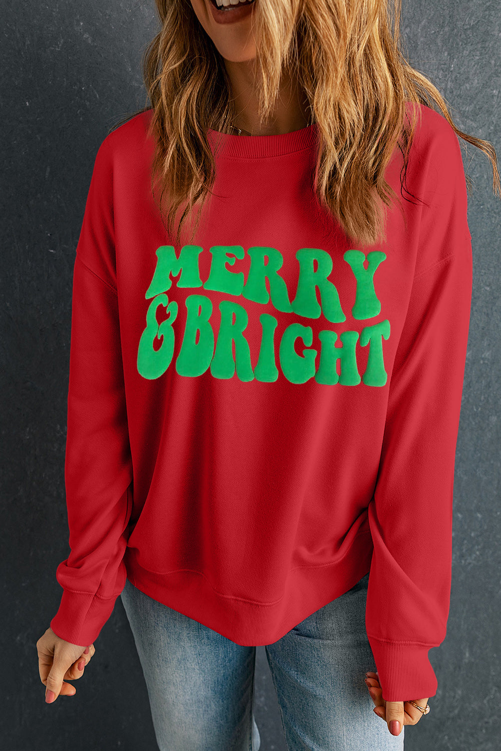 Red MERRY & BRIGHT Drop Shoulder Crewneck Sweatshirt