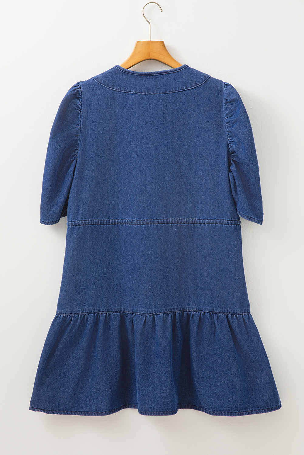 Blue Drawstring High Waist Puff Sleeve Denim Mini Dress