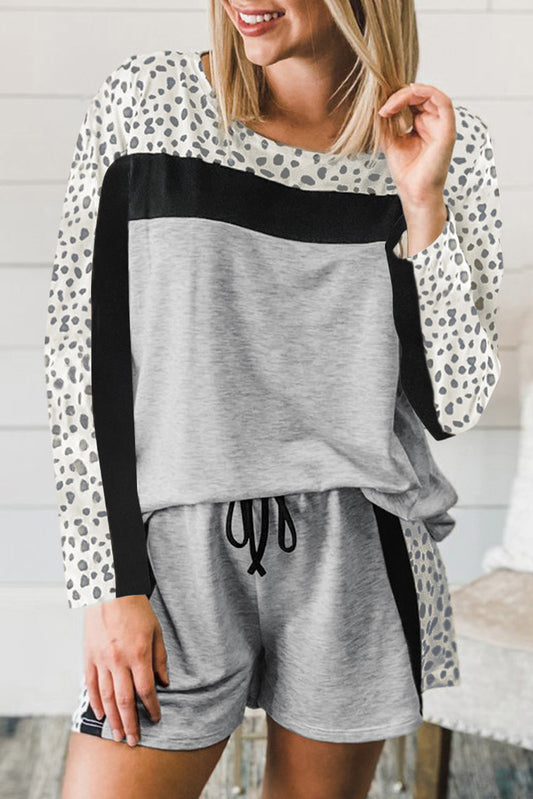 Gray Leopard Colorblock Patchwork Pullover and Shorts Set