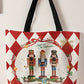 Fiery Red Checkered Merry Christmas Nutcracker Printed Canvas Shoulder Bag