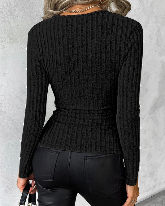 Deep V Neck Long Sleeve Ribbed Top Beaded Hollow Out Pullover Tee