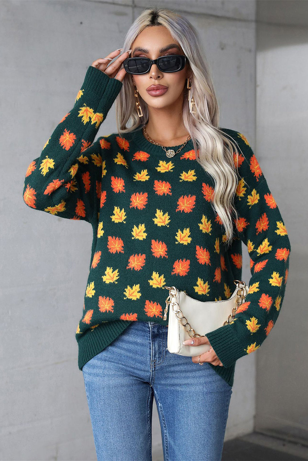 Blackish Green Fall Leaves Pattern Crew Neck Sweater