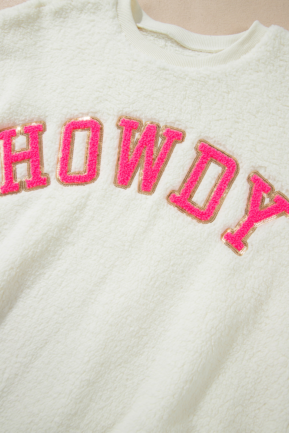 Beige Sherpa HOWDY Patched Pullover Sweatshirt