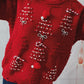 Racing Red Rhinestone Bow Pearl Decor Christmas Tree Round Neck Sweater