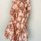 Brown Floral Print Shirred Square Neck High Waist Maxi Dress