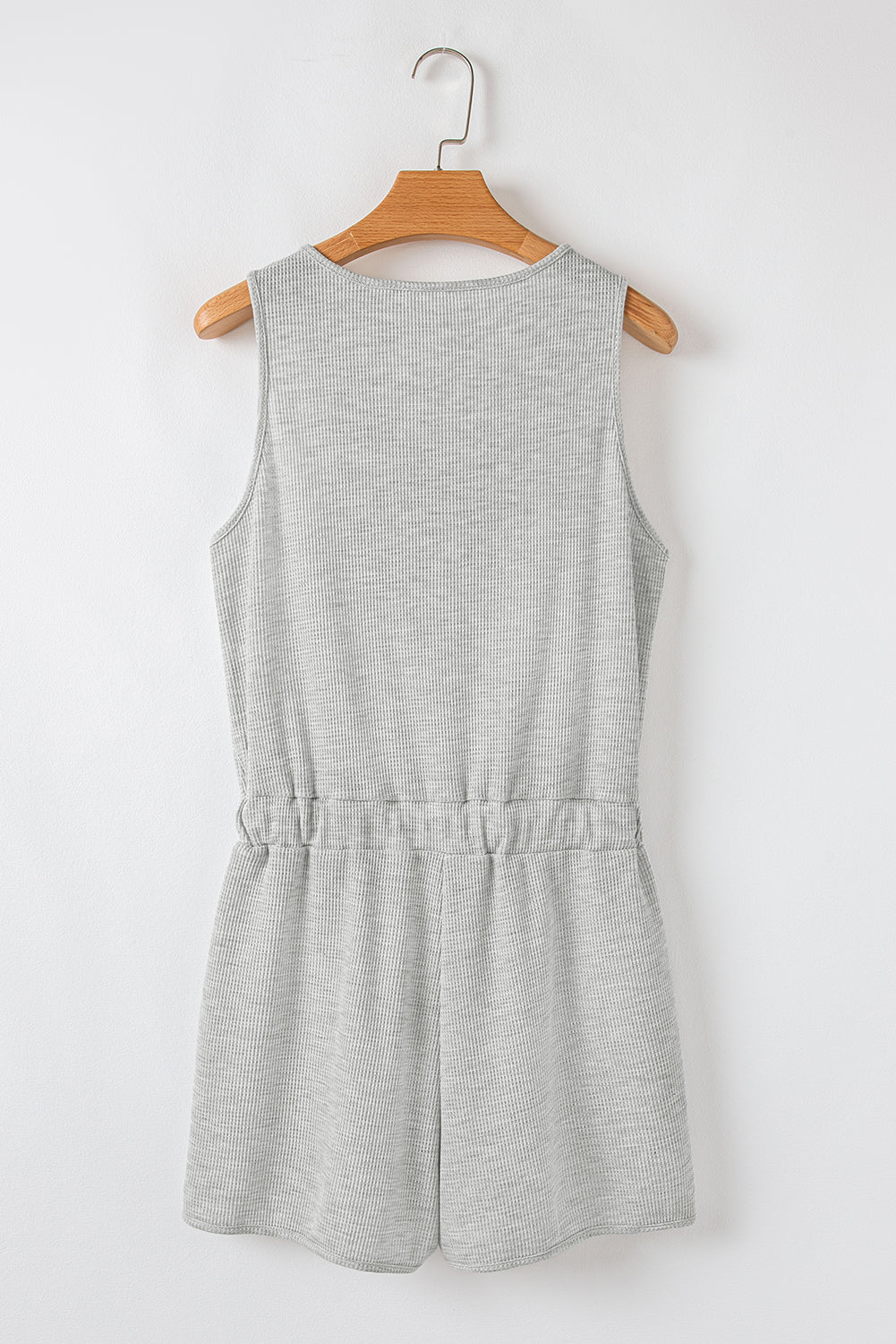 Light Grey Waffle Knit Sleeveless Buttoned Front Drawstring Waist Romper