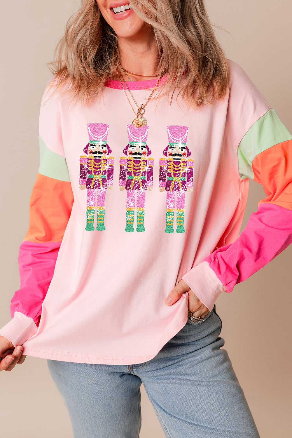 Pink Christmas Sequin Nutcracker Graphic Colorblock Long Sleeve Top