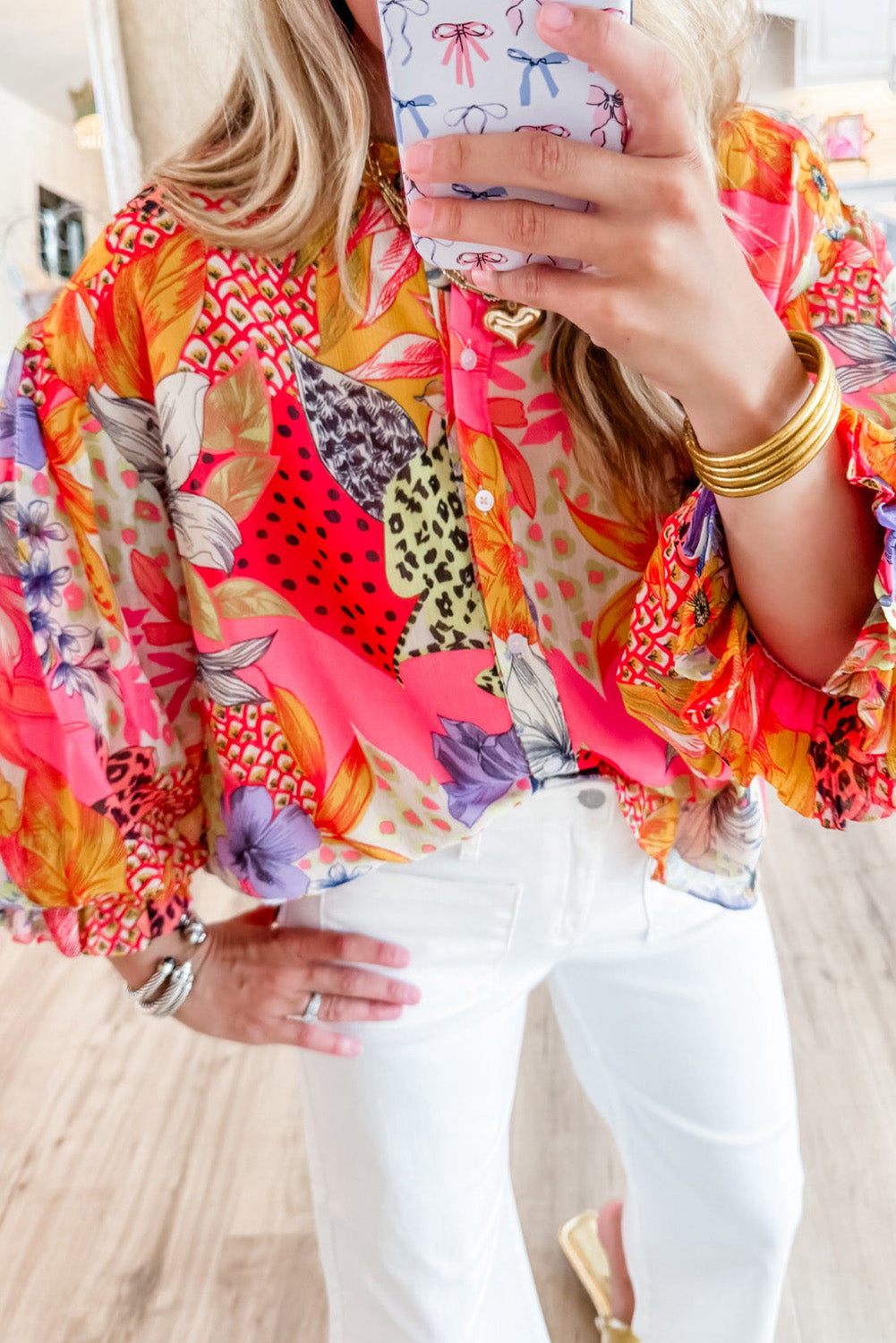 Red Abstract Floral Print Buttoned Ruffled Bubble Sleeve Shirt