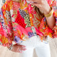 Red Abstract Floral Print Buttoned Ruffled Bubble Sleeve Shirt