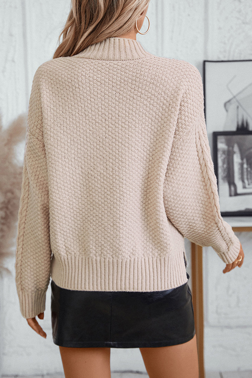 Parchment Solid Color Cable Knit High Neck Drop Shoulder Sweater