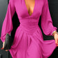 Plunge Neck Ruched A Line Flowy Dress Long Sleeve Casual Dress