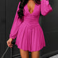 Plunge Neck Ruched A Line Flowy Dress Long Sleeve Casual Dress