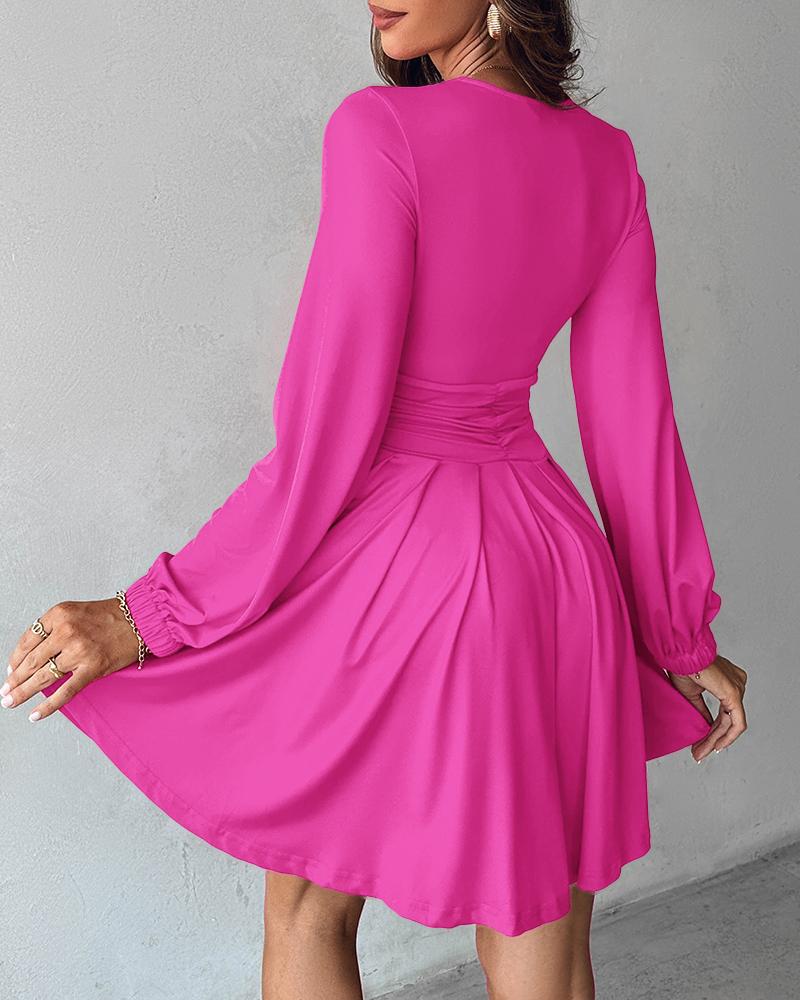 Plunge Neck Ruched A Line Flowy Dress Long Sleeve Casual Dress