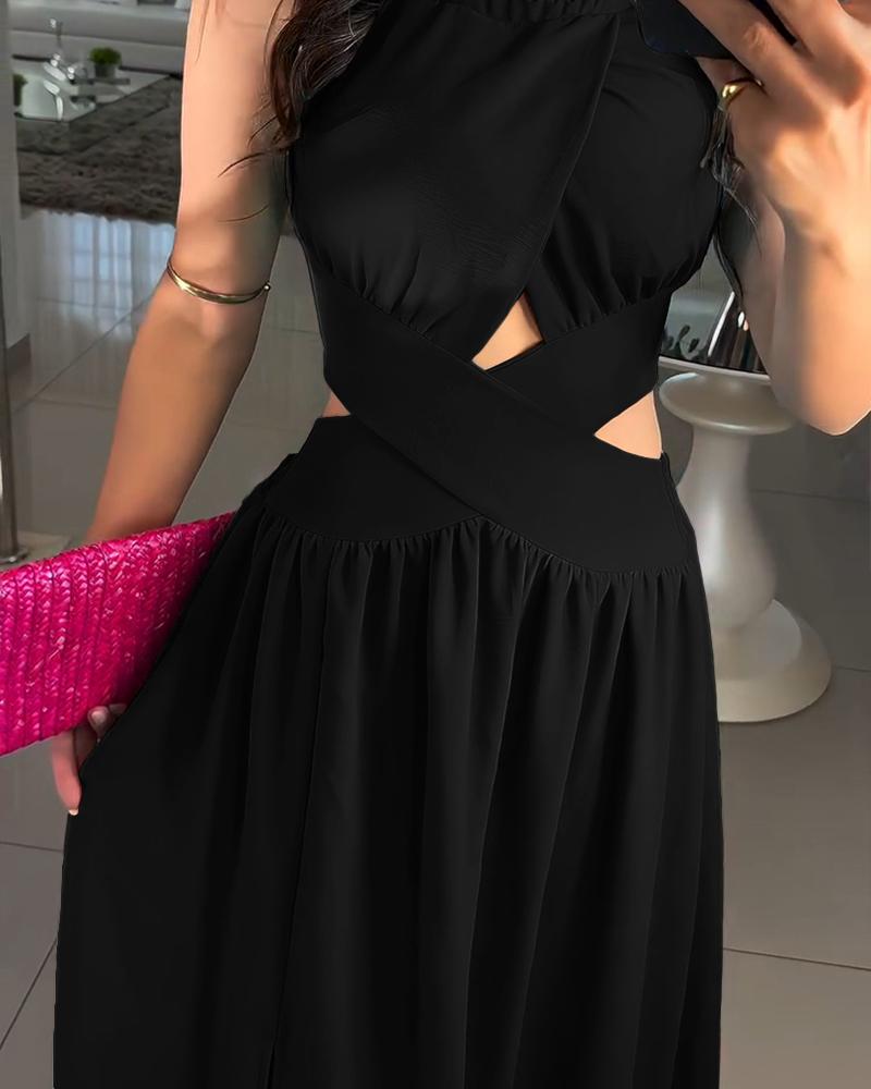 Halter Sleeveless Tied Detail Shirred Criss Cross Flared Dress Glamorous Evening Dress