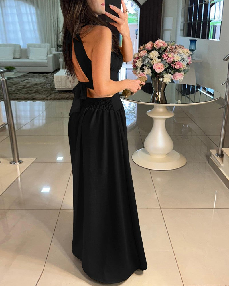 Halter Sleeveless Tied Detail Shirred Criss Cross Flared Dress Glamorous Evening Dress