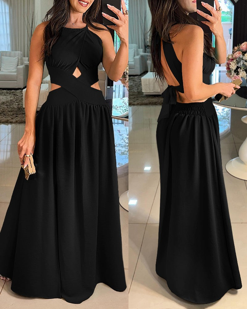 Halter Sleeveless Tied Detail Shirred Criss Cross Flared Dress Glamorous Evening Dress