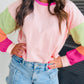 Pink Colorblock Patchwork Long Sleeve Loose Top