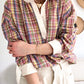 Pink Colorblock Plaid Patchwork Henley Blouse