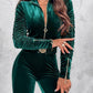 Velvet Zipper Design Ruched Long Sleeve Jumpsuit With Elastic Waistbelt