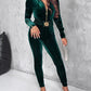 Velvet Zipper Design Ruched Long Sleeve Jumpsuit With Elastic Waistbelt