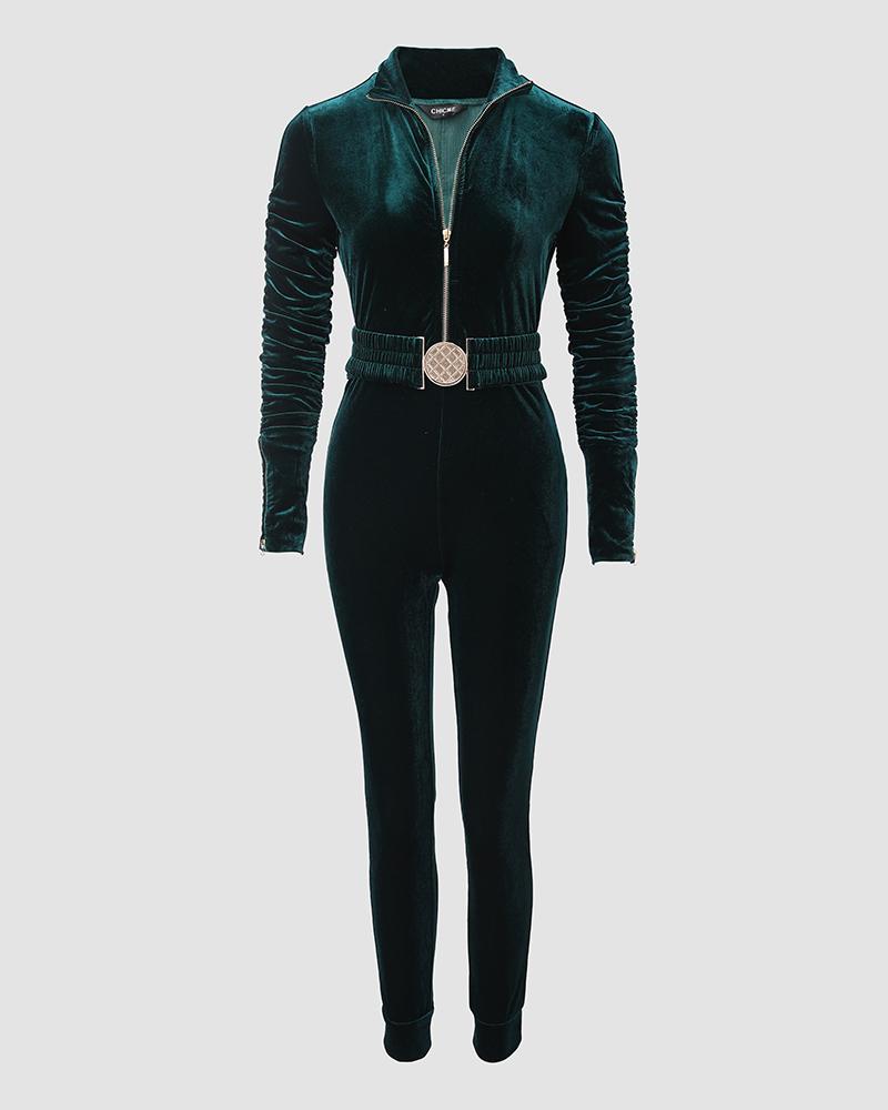 Velvet Zipper Design Ruched Long Sleeve Jumpsuit With Elastic Waistbelt