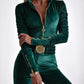 Velvet Zipper Design Ruched Long Sleeve Jumpsuit With Elastic Waistbelt